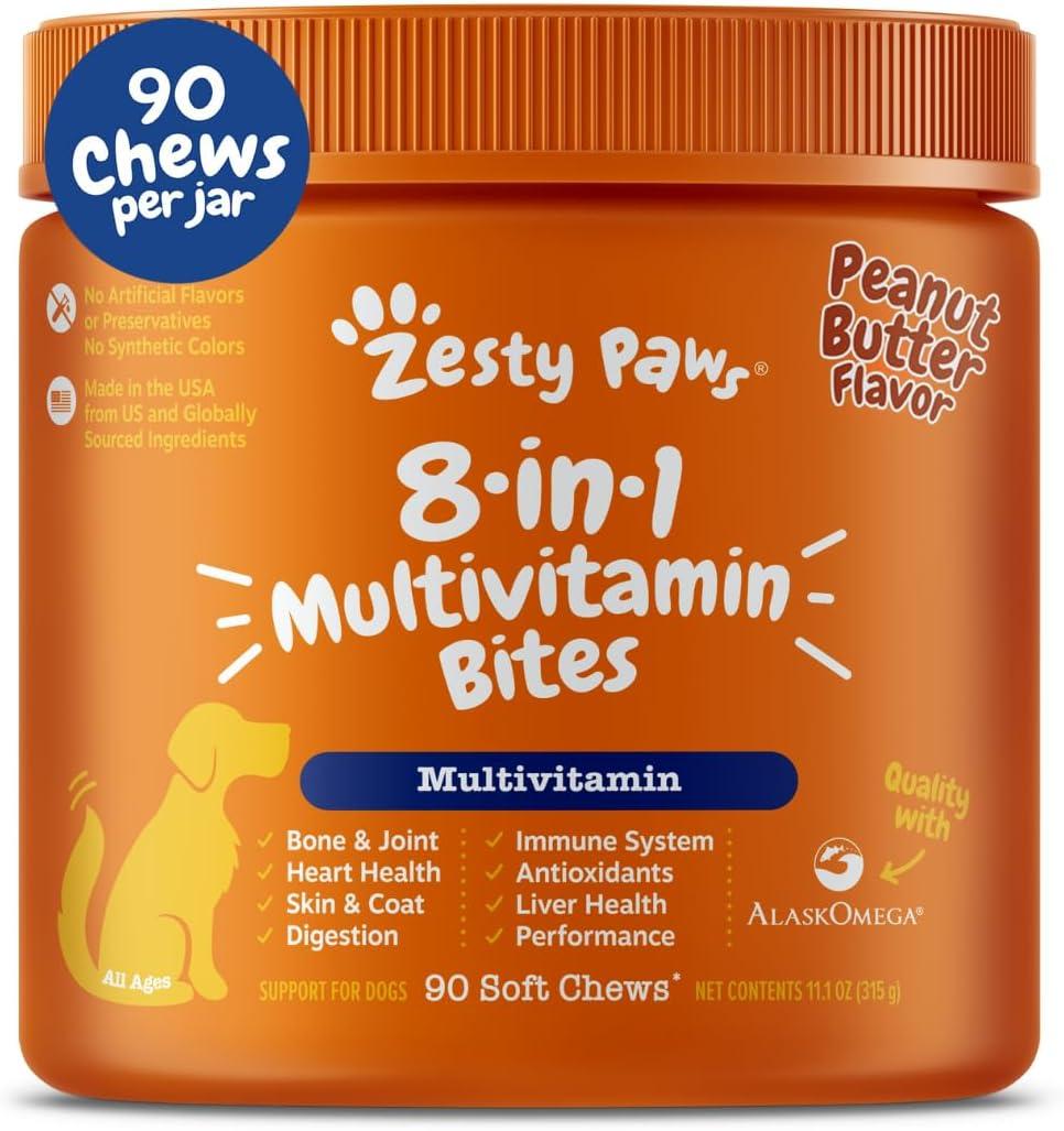 imageZesty Paws Dog Multivitamin Chewable Dog Vitamins and Supplements for Hip ampamp Joints Skin ampamp Coat Omega 3 Fish Oil for Dogs Senior ampamp Puppy Multivitamin  Bison 90ctPeanut Butter