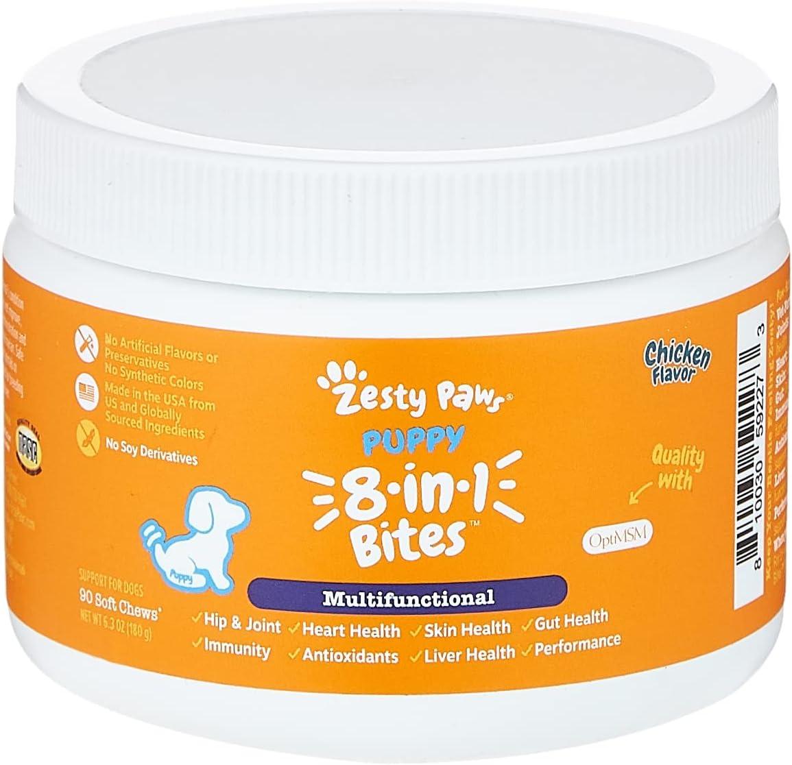 imageZesty Paws Dog Multivitamin Chewable Dog Vitamins and Supplements for Hip ampamp Joints Skin ampamp Coat Omega 3 Fish Oil for Dogs Senior ampamp Puppy Multivitamin  Bison 90ctChicken  Puppy Bites
