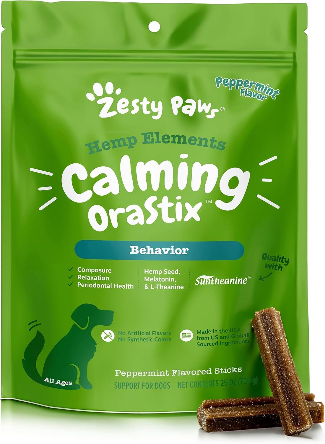 imageZesty Paws OraStix for Dogs  Calming Dental Sticks for Stress with Hemp Melatonin Chamomile Dog Healthy Teeth and Gums Calm Composure for Fireworks and Thunderstorms  25ozPeppermint