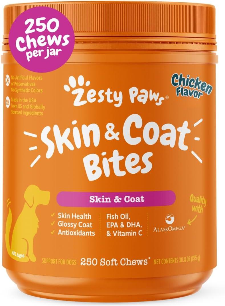 imageZesty Paws Skin ampamp Coat Bites for Dogs  Fish Oil Soft Chews with Omega3 Fatty Acids EPA ampamp DHA  Skin Coat Antioxidant ampamp Immune Support  Hemp  90 CountChicken
