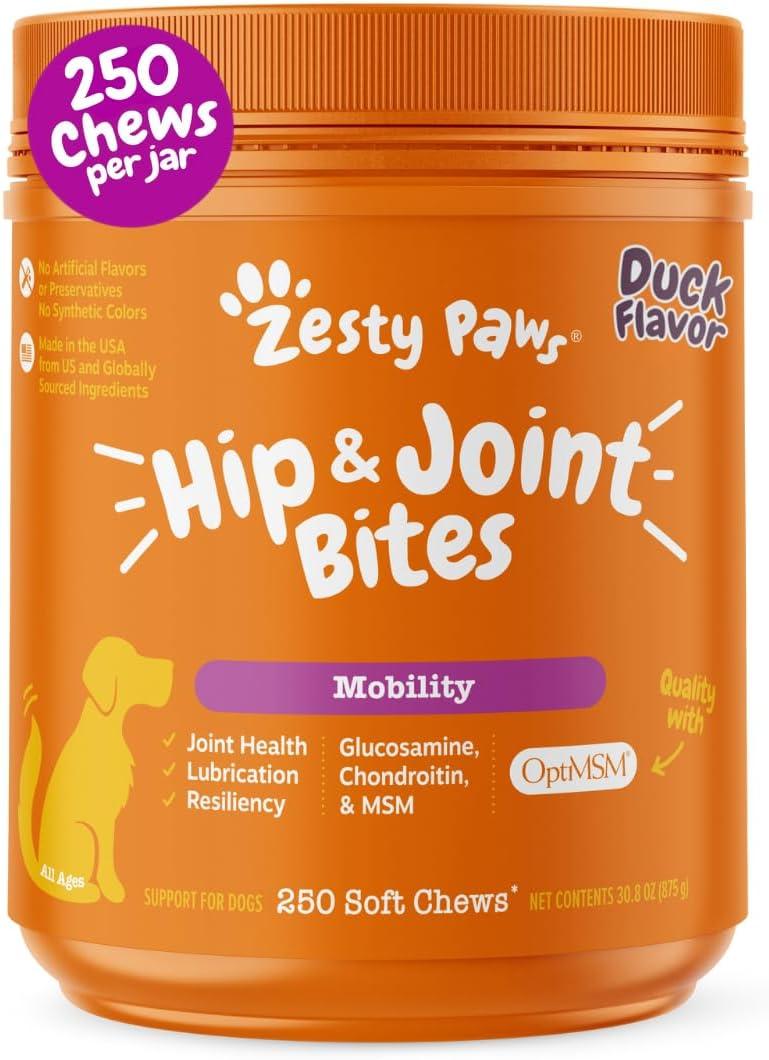 imageZesty Paws Vet Strength Mobility Bites Beef ampamp Bacon Flavor Hip ampamp Joint Support Chews for Dogs with Glucosamine Chondroitin MSM Hyaluronic Acid ampamp Serrazimes  90 CountDuck