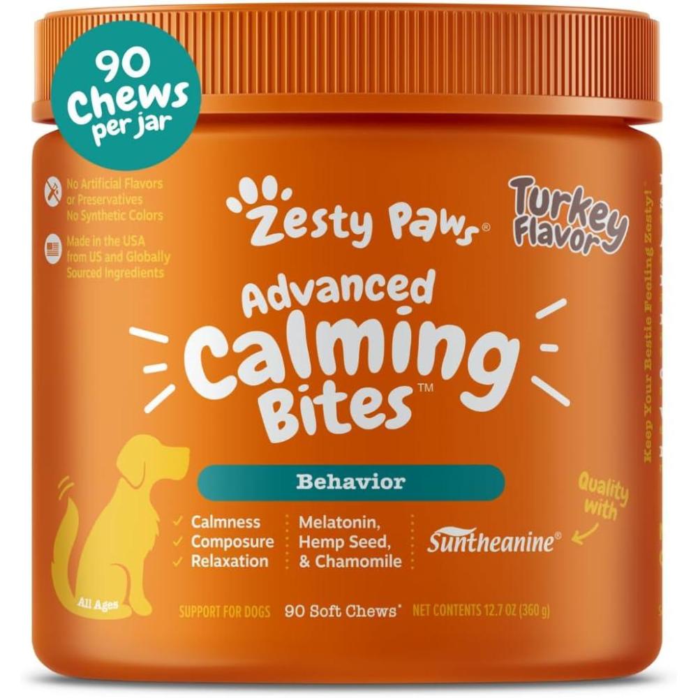 imageZesty Paws Advanced Calming Chews for Dogs  for Everyday Stress Relaxation Composure and Separation Turkey 90 CountTurkey  Melatonin