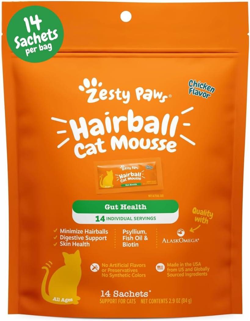 imageZesty Paws Hairball Bites for Cats  Cat Furball Support  Functional Supplement with Omega 3 Fish Oil EPA ampamp DHA  Zinc Biotin ampamp Psyllium Husk  Supports Gut ampamp Skin Health  60 CountChicken  Mousse