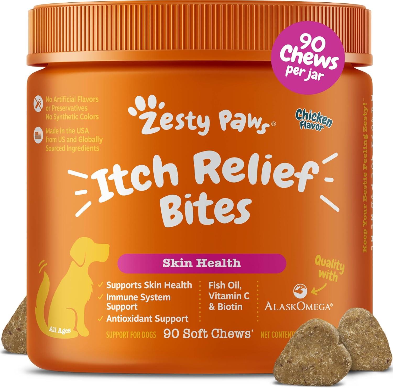 imageZesty Paws Itch Relief for Dogs  Chews for Itching Skin ampamp Coat  Omega3 Fish Oil with EPA ampamp DHA  Dog Allergy Relief Chews Supplement  Vitamin C ampamp E Antioxidant Support  Chicken Flavor  90 CountChicken