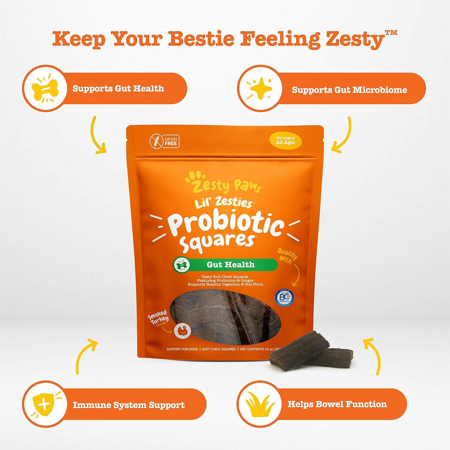 imageZesty Paws Probiotic Soft Chew Squares for Dogs  with 500 Million CFU of Probiotics  Ginger  for Dog Digestive Health Gut Flora ampamp Bowel Movement Support  Smoked Turkey Flavor  10 oz