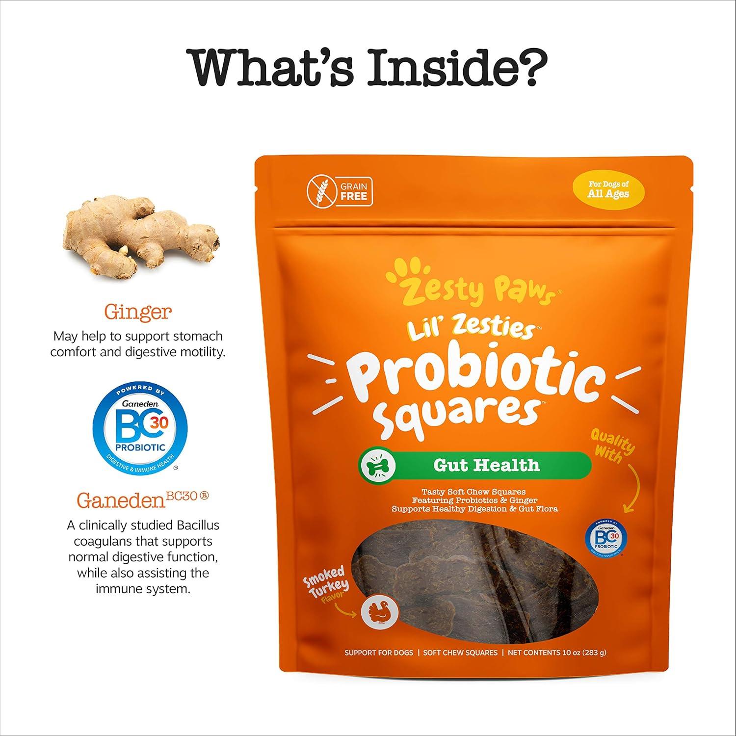 imageZesty Paws Probiotic Soft Chew Squares for Dogs  with 500 Million CFU of Probiotics  Ginger  for Dog Digestive Health Gut Flora ampamp Bowel Movement Support  Smoked Turkey Flavor  10 oz
