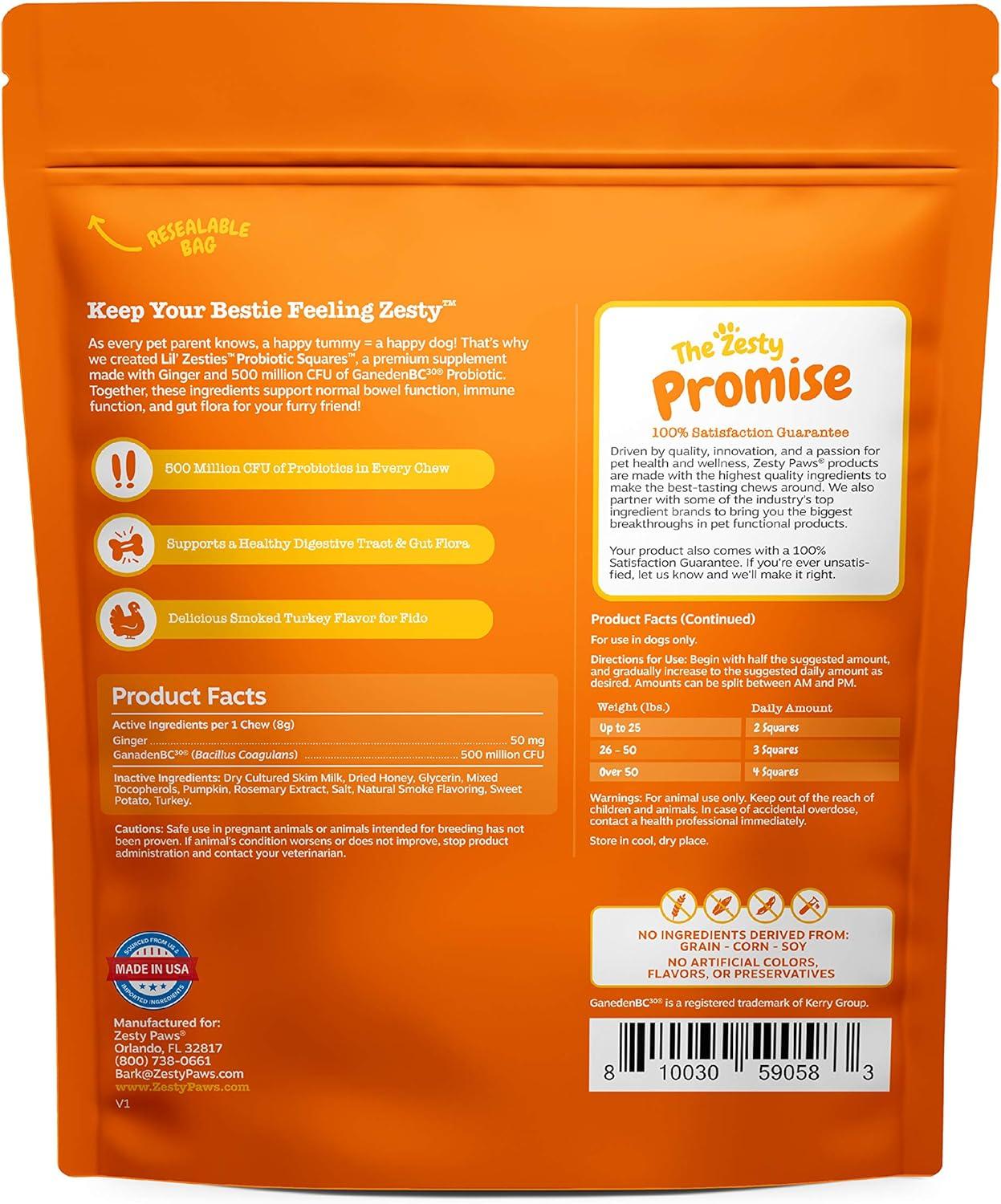 imageZesty Paws Probiotic Soft Chew Squares for Dogs  with 500 Million CFU of Probiotics  Ginger  for Dog Digestive Health Gut Flora ampamp Bowel Movement Support  Smoked Turkey Flavor  10 oz