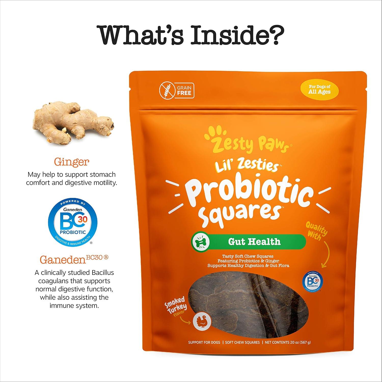 imageZesty Paws Probiotic Soft Chew Squares for Dogs  with 500 Million CFU of Probiotics  Ginger  for Dog Digestive Health Gut Flora ampamp Bowel Movement Support  Smoked Turkey Flavor  20 oz
