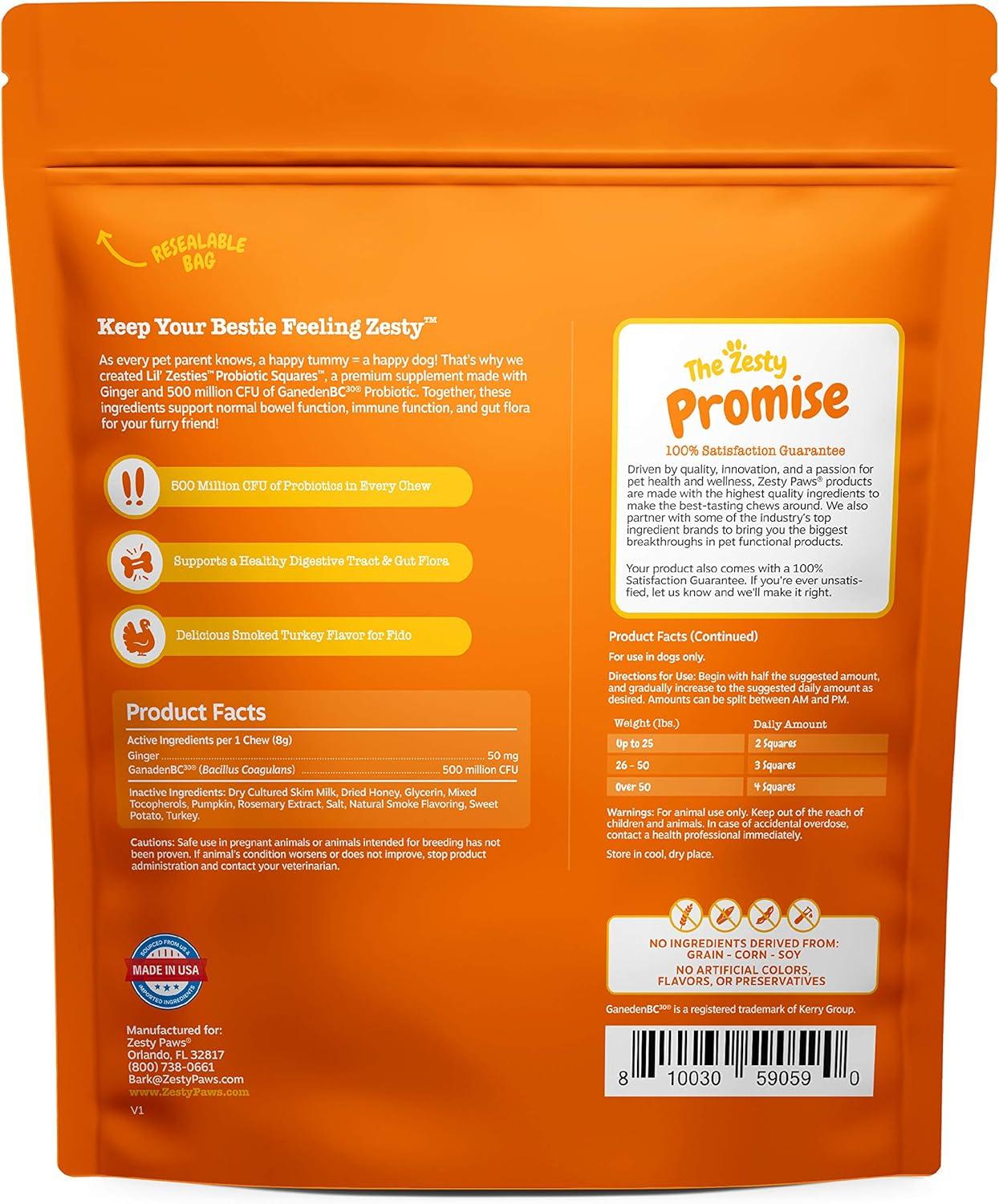 imageZesty Paws Probiotic Soft Chew Squares for Dogs  with 500 Million CFU of Probiotics  Ginger  for Dog Digestive Health Gut Flora ampamp Bowel Movement Support  Smoked Turkey Flavor  20 oz