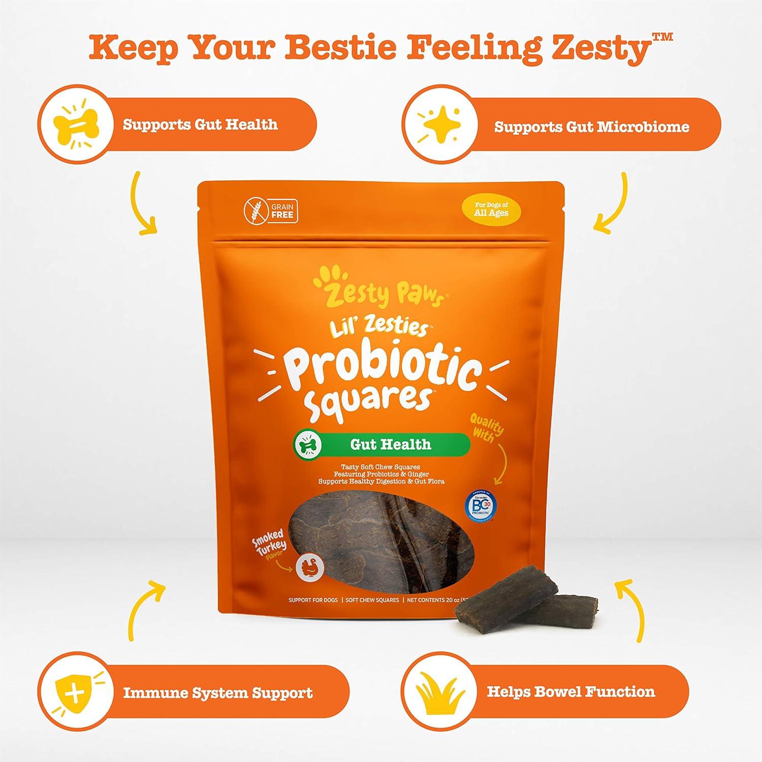 imageZesty Paws Probiotic Soft Chew Squares for Dogs  with 500 Million CFU of Probiotics  Ginger  for Dog Digestive Health Gut Flora ampamp Bowel Movement Support  Smoked Turkey Flavor  20 oz
