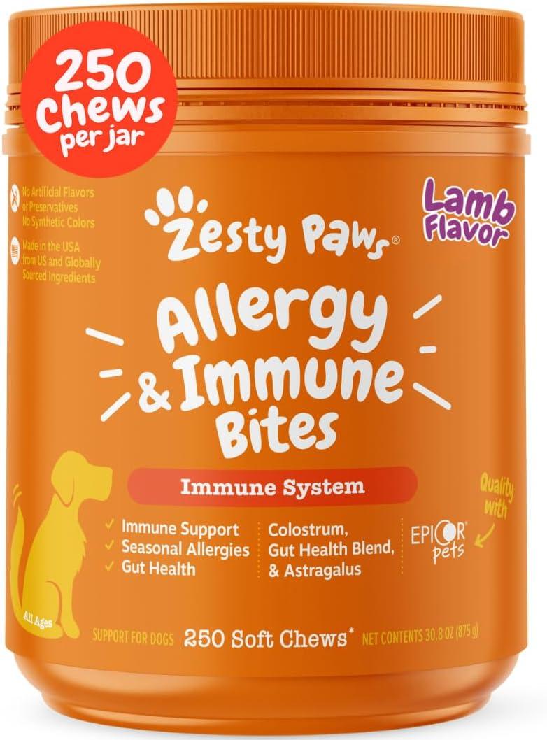 imageZesty Paws Dog Allergy Relief  Anti Itch Supplement  Omega 3 Probiotics for Dogs  Digestive Health  Soft Chews for Skin ampamp Seasonal Allergies  with Epicor Pets  Puppy  Lamb  90 CountLamb