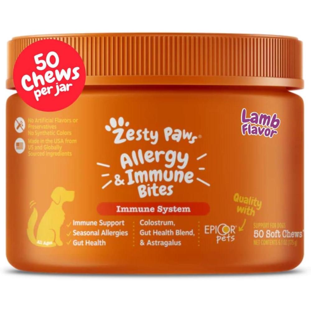 imageZesty Paws Dog Allergy Relief  Anti Itch Supplement  Omega 3 Probiotics for Dogs  Digestive Health  Soft Chews for Skin ampamp Seasonal Allergies  with Epicor Pets  Puppy  Lamb  90 CountLamb