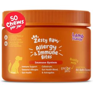 imageZesty Paws Dog Allergy Relief  Anti Itch Supplement  Omega 3 Probiotics for Dogs  Digestive Health  Soft Chews for Skin ampamp Seasonal Allergies  with Epicor Pets  Puppy  Lamb  90 CountLamb
