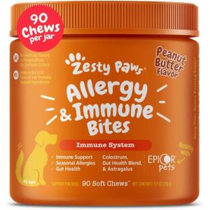 imageZesty Paws Dog Allergy Relief  Anti Itch Supplement  Omega 3 Probiotics for Dogs  Digestive Health  Soft Chews for Skin ampamp Seasonal Allergies  with Epicor Pets  Puppy  Lamb  90 CountPeanut Butter