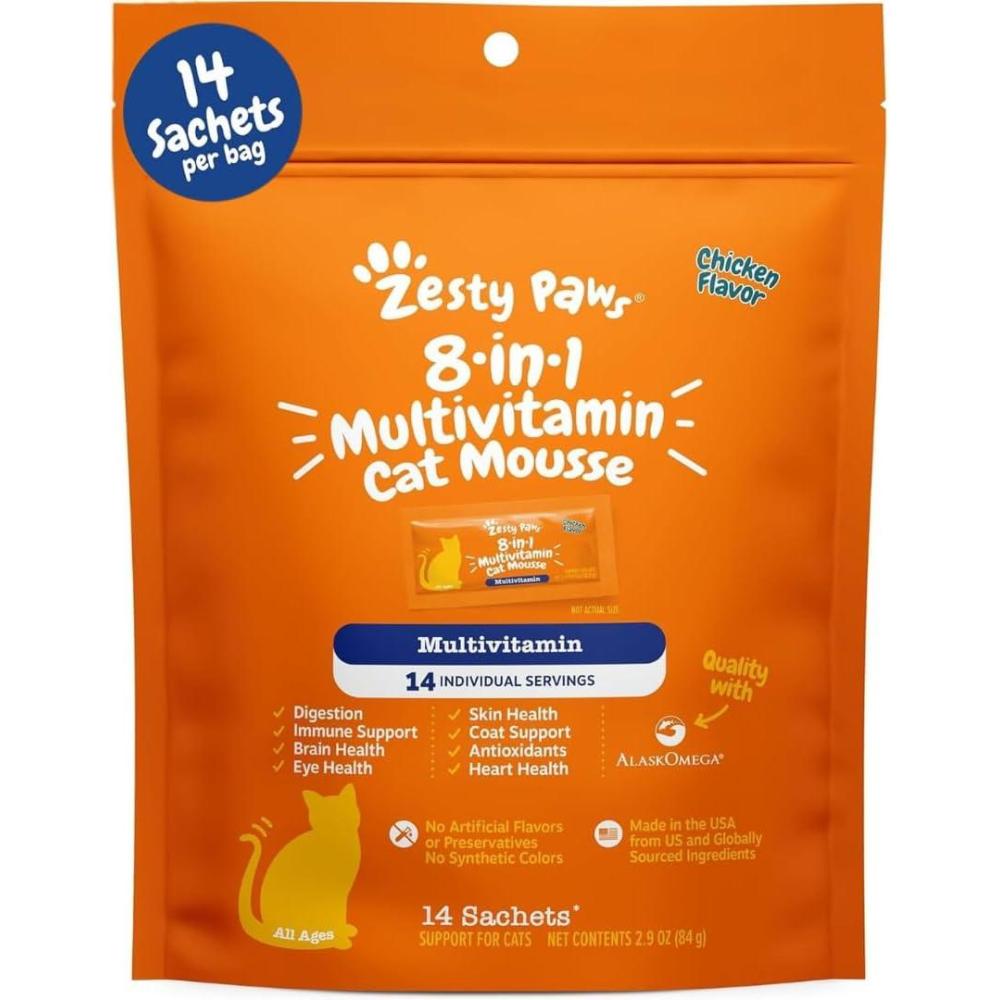 imageZesty Paws 8in1 Multivitamin Cat Vitamins ampamp Supplements Mousse  Cat Vitamins for Indoor Cats  Healthy Treat Squeeze Up for Gut Immune Heart Skin ampamp Coat Support  Chicken 14ctChicken