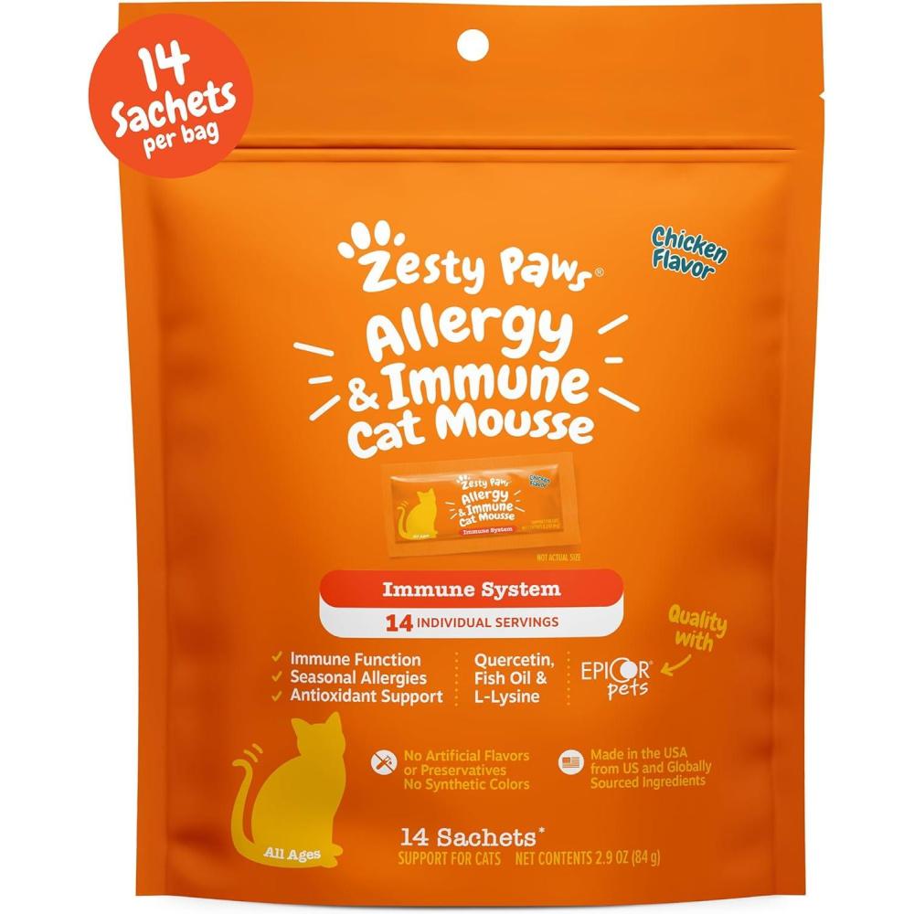 imageZesty Paws Allergy ampamp Immune Mousse  Cat Vitamins ampamp Supplements Treats  Allergy Relief for Cats LLysine Squeeze up for Immunity Skin Health ampamp Antioxidant Support  Chicken 14ctChicken