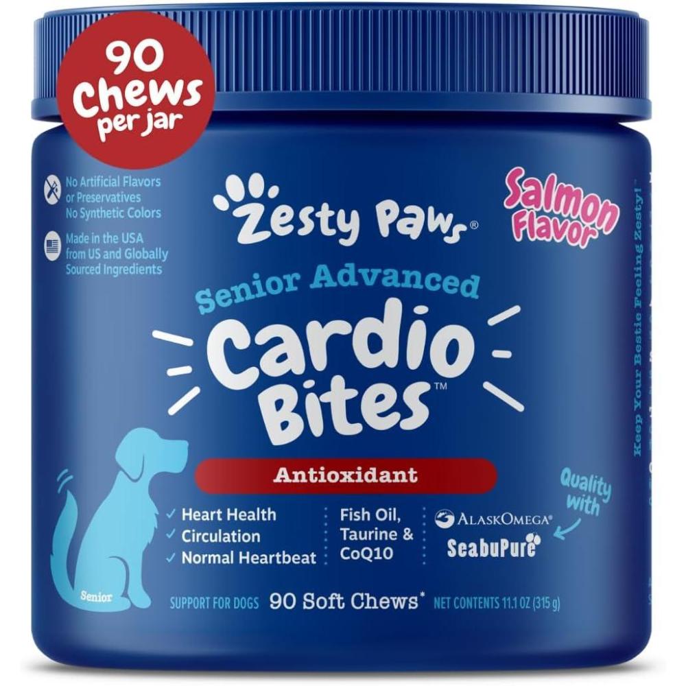 imageZesty Paws Cardiovascular Support for Dogs  Taurine for Dogs  with CoQ10 L Carnitine ampamp Sea Buckthorn  Senior Heart Health  AlaskOmega Fish Oil Omega 3  Senior  Salmon  90 CountAdvanced  Salmon