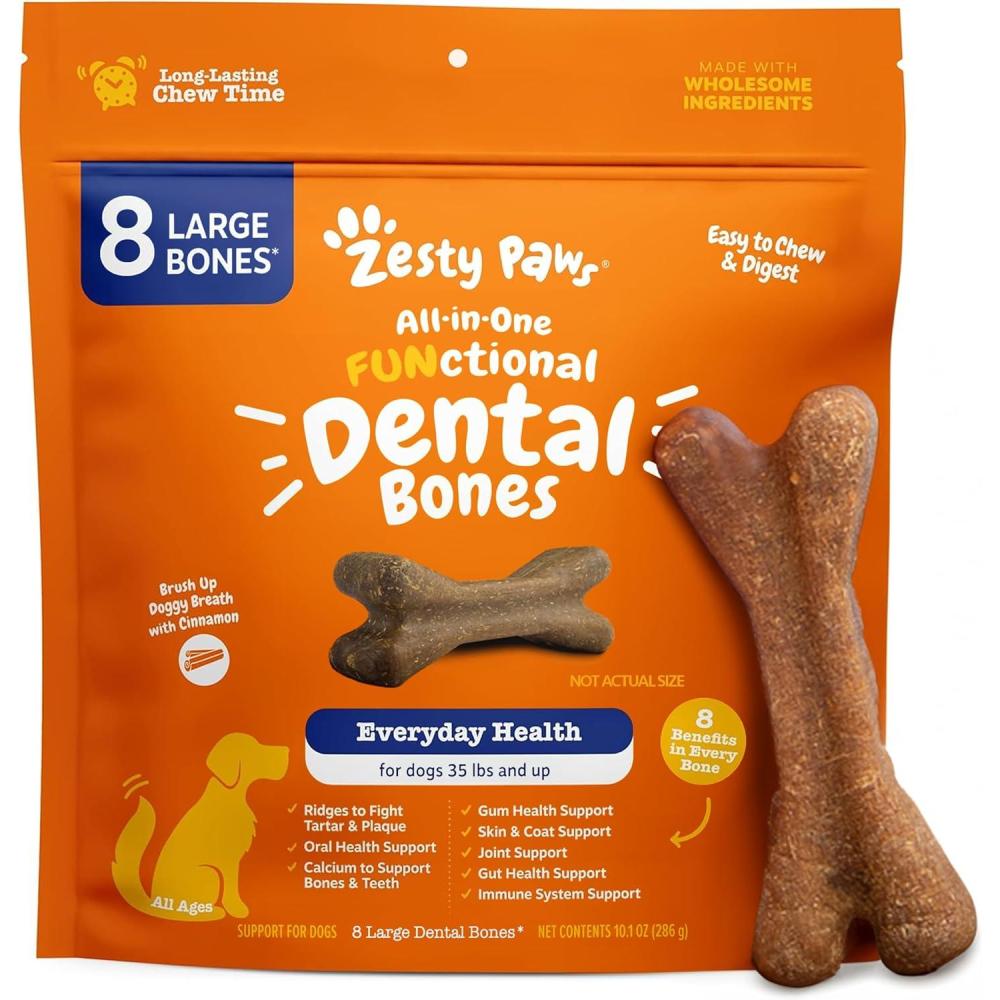 imageZesty Paws Dental Bones  Fights Tartar ampamp Plaque  Gum Teeth ampamp Bone Health  Cinnamon for Dog Breath  Immune Joint Gut Skin ampamp Coat Support  Omega 3 EPA ampamp DHA and Calcium  Large Dogs  24 ct8 Count