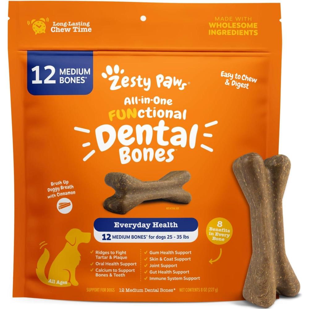 imageZesty Paws Dental Bones  Fights Tartar ampamp Plaque  Gum Teeth ampamp Bone Health  Cinnamon for Dog Breath  Immune Joint Gut Skin ampamp Coat Support  Omega 3 EPA ampamp DHA and Calcium  Large Dogs  24 ct067 Ounce Pack of 12