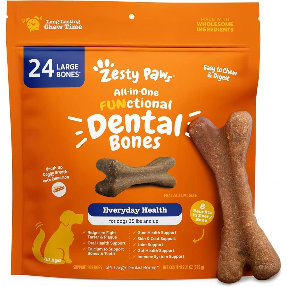 imageZesty Paws Dental Bones  Fights Tartar ampamp Plaque  Gum Teeth ampamp Bone Health  Cinnamon for Dog Breath  Immune Joint Gut Skin ampamp Coat Support  Omega 3 EPA ampamp DHA and Calcium  Large Dogs  24 ct129 Ounce Pack of 24