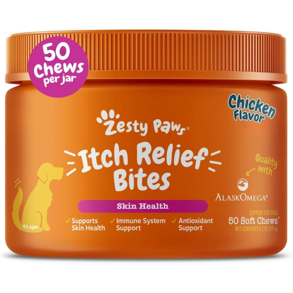 imageZesty Paws Itch Relief for Dogs  Chews for Itching Skin ampamp Coat  Omega3 Fish Oil with EPA ampamp DHA  Dog Allergy Relief Chews Supplement  Vitamin C ampamp E Antioxidant Support  Chicken Flavor  90 CountChicken