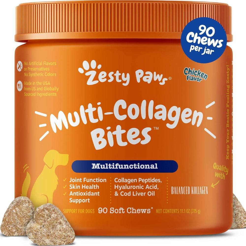 imageZesty Paws Multi Collagen Soft Chews for Dogs  for Hip Joint ampamp Cartilage Support  Skin Health  with Collagen  Plus Eggshell Membrane Vitamin C ampamp Hyaluronic Acid  90 Count