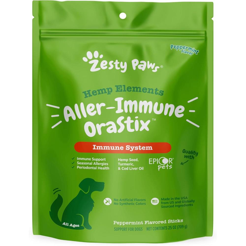 imageZesty Paws OraStix for Dogs  AllerImmune Sticks with Hemp Seed Turmeric EpiCor Pets Fish Oil Supports Immune Function Seasonal Allergies Skin Health Healthy Teeth Gum Blend 25oz