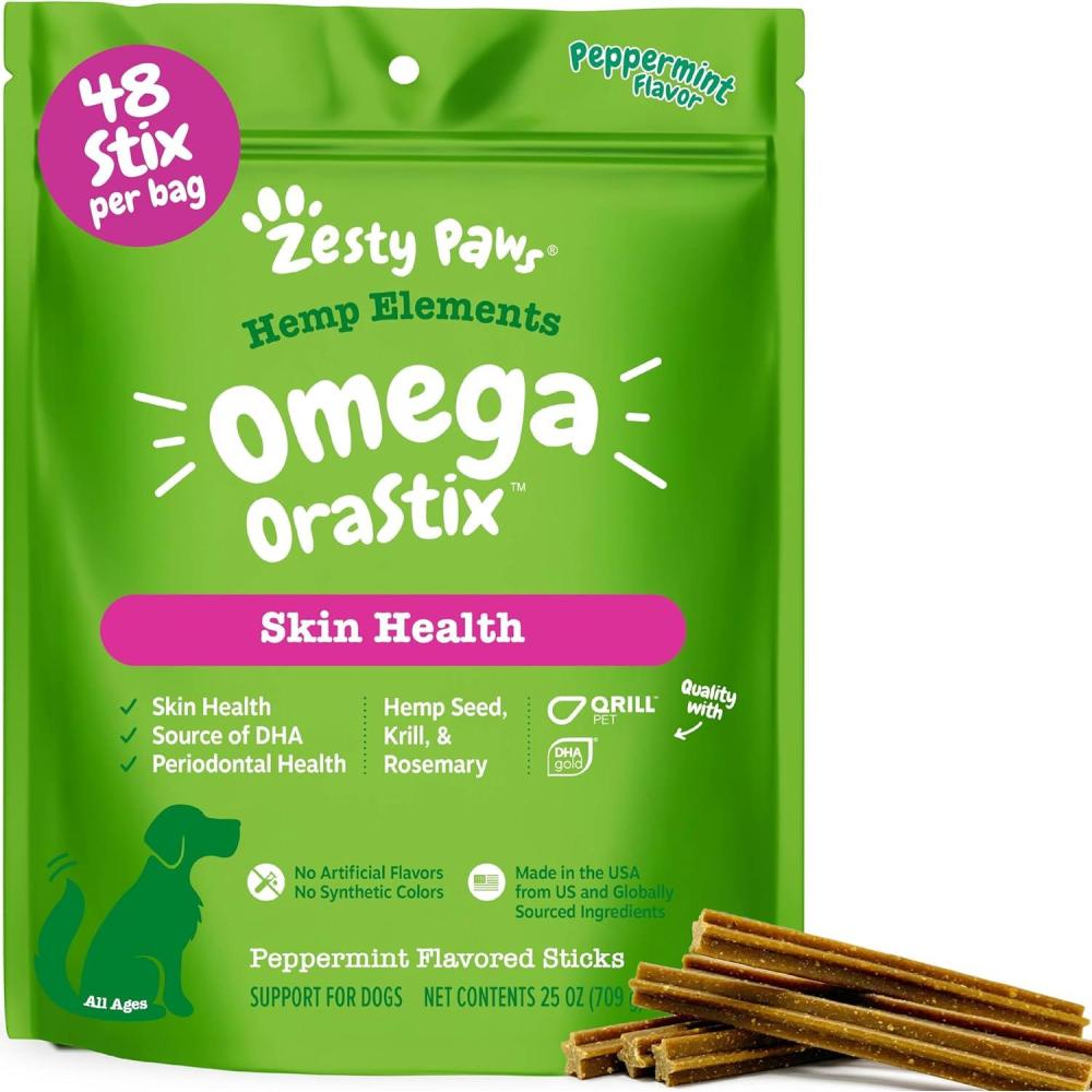 imageZesty Paws OraStix for Dogs  Omega Sticks with Hemp Salmon Krill Oil Bone Broth Anti Itch Skin Coat Care Hip ampamp Joint Health Heart Immune System Support Dog Tartar Teeth Cleaning 25ozPeppermint
