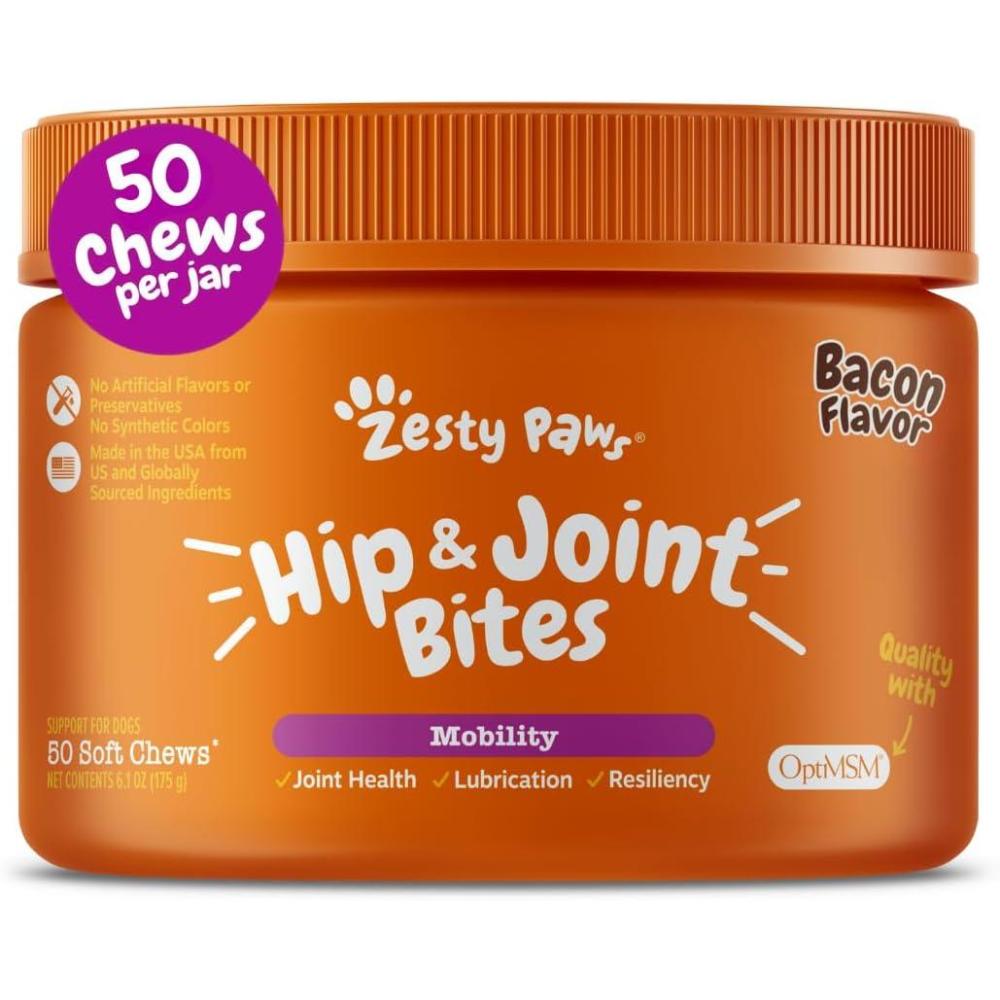 imageZesty Paws Vet Strength Mobility Bites Beef ampamp Bacon Flavor Hip ampamp Joint Support Chews for Dogs with Glucosamine Chondroitin MSM Hyaluronic Acid ampamp Serrazimes  90 CountBacon