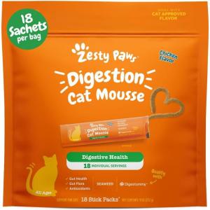 imageZesty Paws Cat Mousse Squeezies Puree Cat Treats for Digestion  with Seaweed Omega Fatty Acids Antioxidants  Support for Digestive Health Cats  Chicken Flavor  18 CountChicken