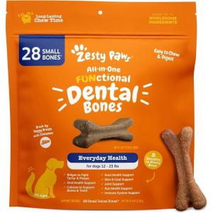imageZesty Paws Dental Bones  Fights Tartar ampamp Plaque  Gum Teeth ampamp Bone Health  Cinnamon for Dog Breath  Immune Joint Gut Skin ampamp Coat Support  Omega 3 EPA ampamp DHA and Calcium  Large Dogs  24 ct03 Ounce Pack of 28