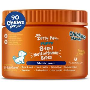 imageZesty Paws Dog Multivitamin Chewable Dog Vitamins and Supplements for Hip ampamp Joints Skin ampamp Coat Omega 3 Fish Oil for Dogs Senior ampamp Puppy Multivitamin  Bison 90ctChicken  Puppy Bites