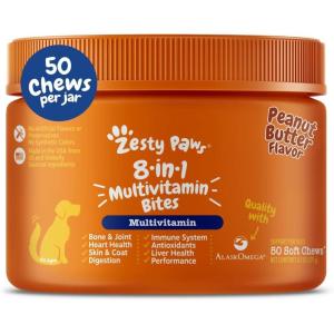 imageZesty Paws Dog Multivitamin Chewable Dog Vitamins and Supplements for Hip ampamp Joints Skin ampamp Coat Omega 3 Fish Oil for Dogs Senior ampamp Puppy Multivitamin  Bison 90ctPeanut Butter