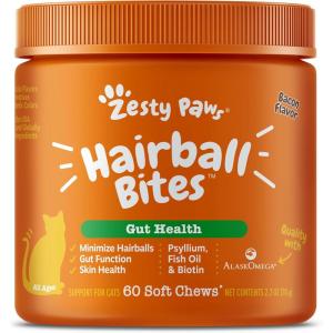 imageZesty Paws Hairball Bites for Cats  Cat Furball Support  Functional Supplement with Omega 3 Fish Oil EPA ampamp DHA  Zinc Biotin ampamp Psyllium Husk  Supports Gut ampamp Skin Health  60 CountBacon  Chews