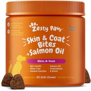 imageZesty Paws Salmon Oil for Dogs Skin and Coat Omega 3 Fish Oil Chews Dog Allergy Relief Chews Itch Relief Supplement 250 Count Salmon FlavorBacon