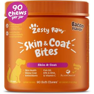 imageZesty Paws Skin ampamp Coat Bites for Dogs  Fish Oil Soft Chews with Omega3 Fatty Acids EPA ampamp DHA  Skin Coat Antioxidant ampamp Immune Support  Hemp  90 CountBacon