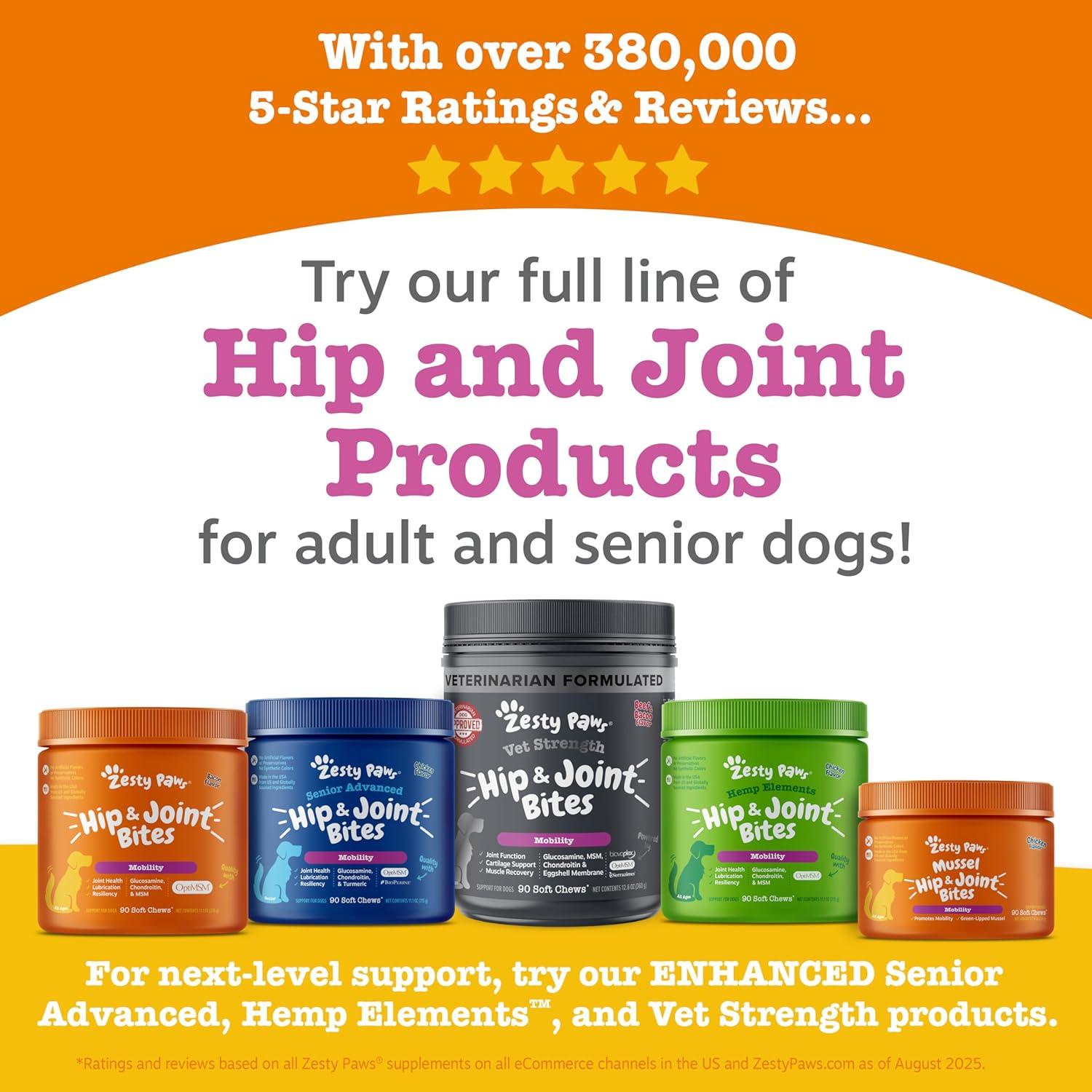 imageZesty Paws Hip and Joint for Dogs Glucosamine for Dogs Hip and Joint Supplement with Chondroitin MSM Vitamins C ampamp E  Bacon 50 CountChicken  Mussel