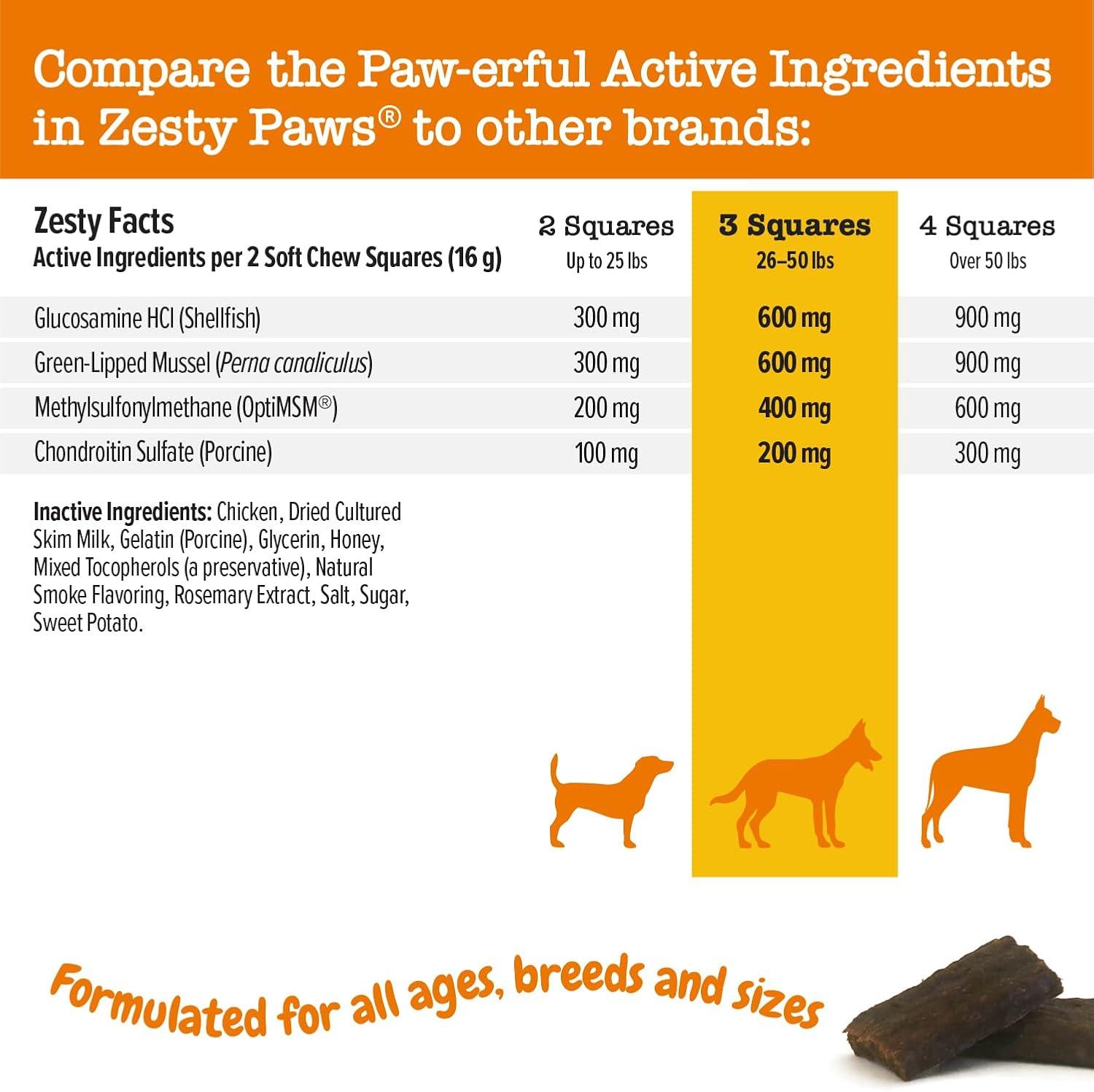 imageZesty Paws Mobility Squares  Hip and Joint Flavored Soft Chew for Dogs with Glucosamine Chondroitin ampamp MSM Dog Mobility Supplement for HIPS ampamp Joints Cartilage Support Plus Green Lipped Mussel 20 oz
