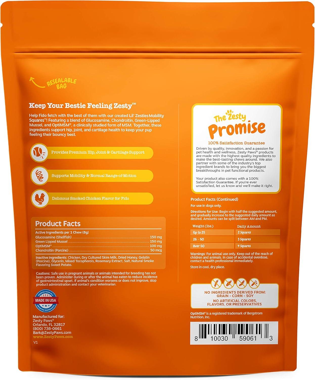 imageZesty Paws Mobility Squares  Hip and Joint Flavored Soft Chew for Dogs with Glucosamine Chondroitin ampamp MSM Dog Mobility Supplement for HIPS ampamp Joints Cartilage Support Plus Green Lipped Mussel 20 oz